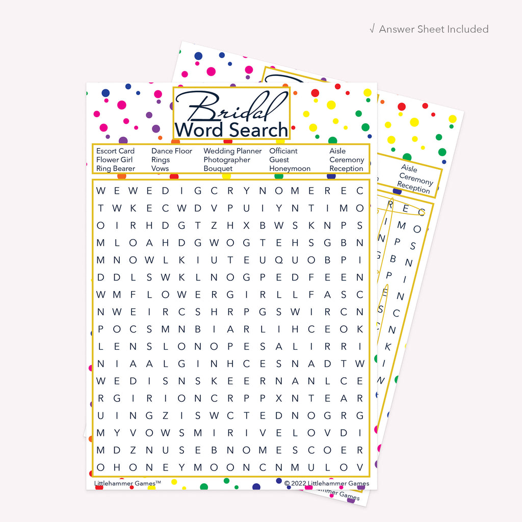 Bridal Word Search game card with a rainbow polka dot background with answer card tucked behind it on a slate background with white text that says "Answer Key Included"