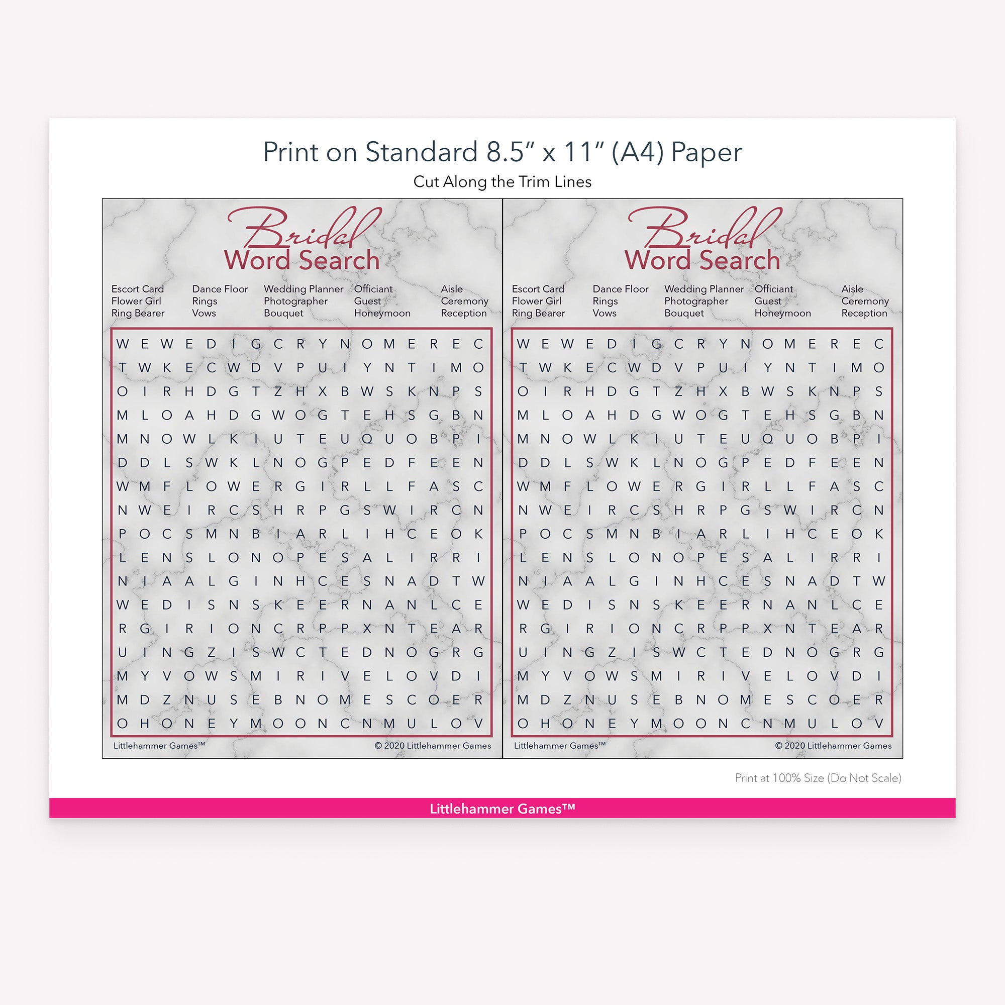 Bridal Word Search rose gold and marble game cards with printing instructions