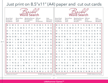 Bridal Word Search rose gold and white game cards with printing instructions