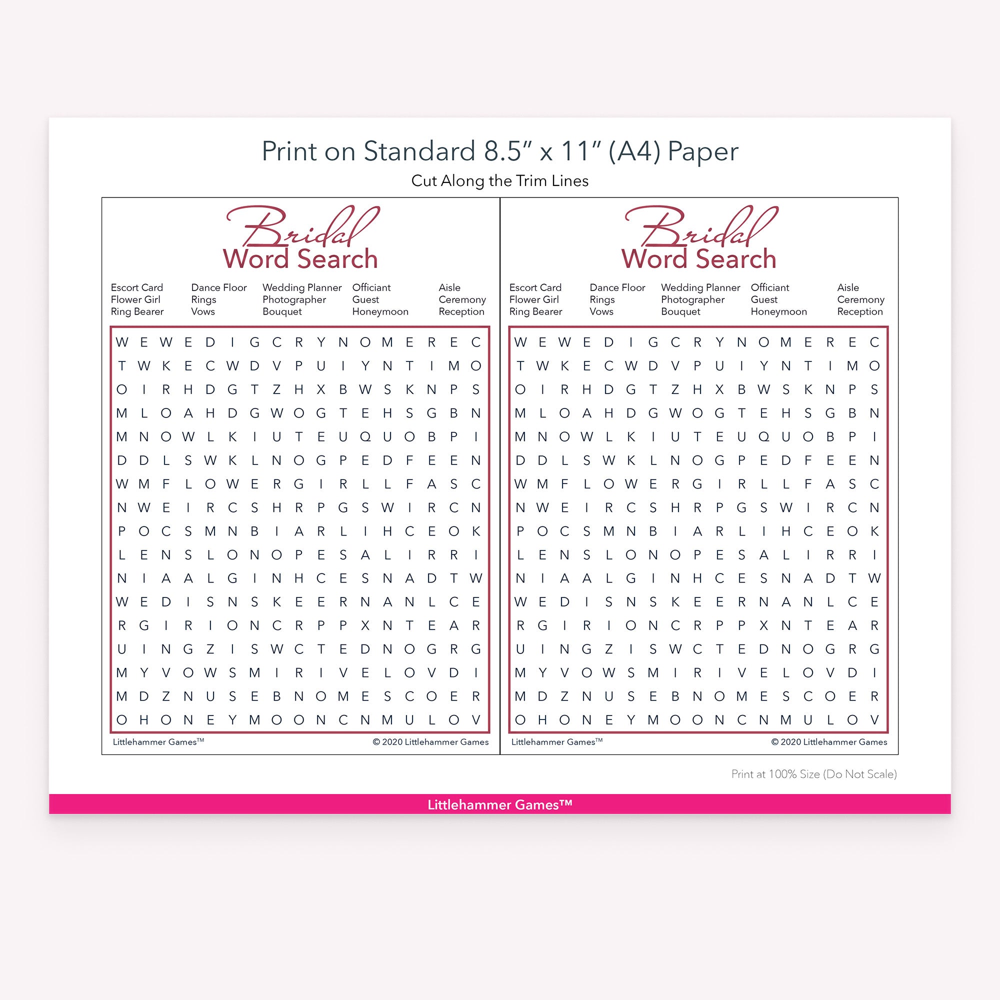 Bridal Word Search rose gold and white game cards with printing instructions