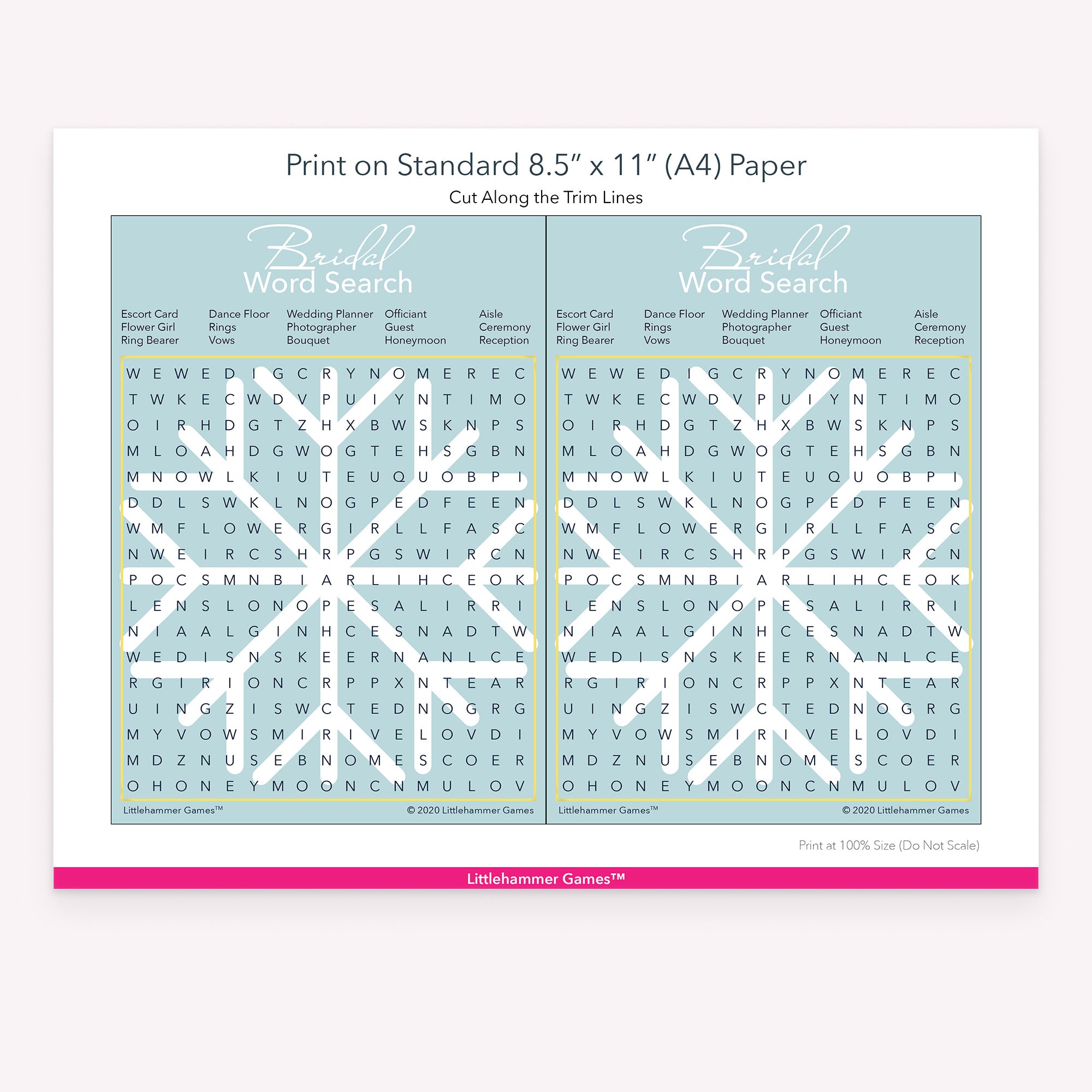 Bridal Word Search snowflake game cards with printing instructions
