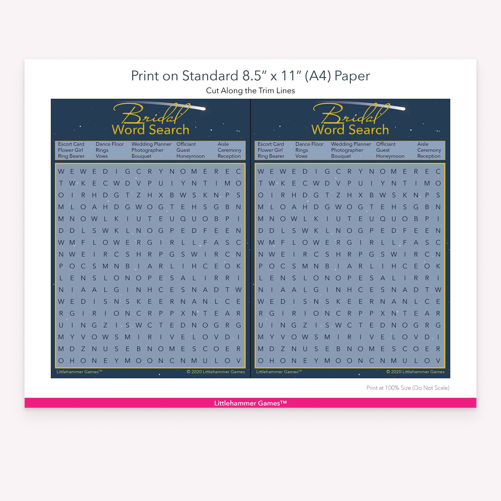Bridal Word Search celestial-themed game cards with printing instructions