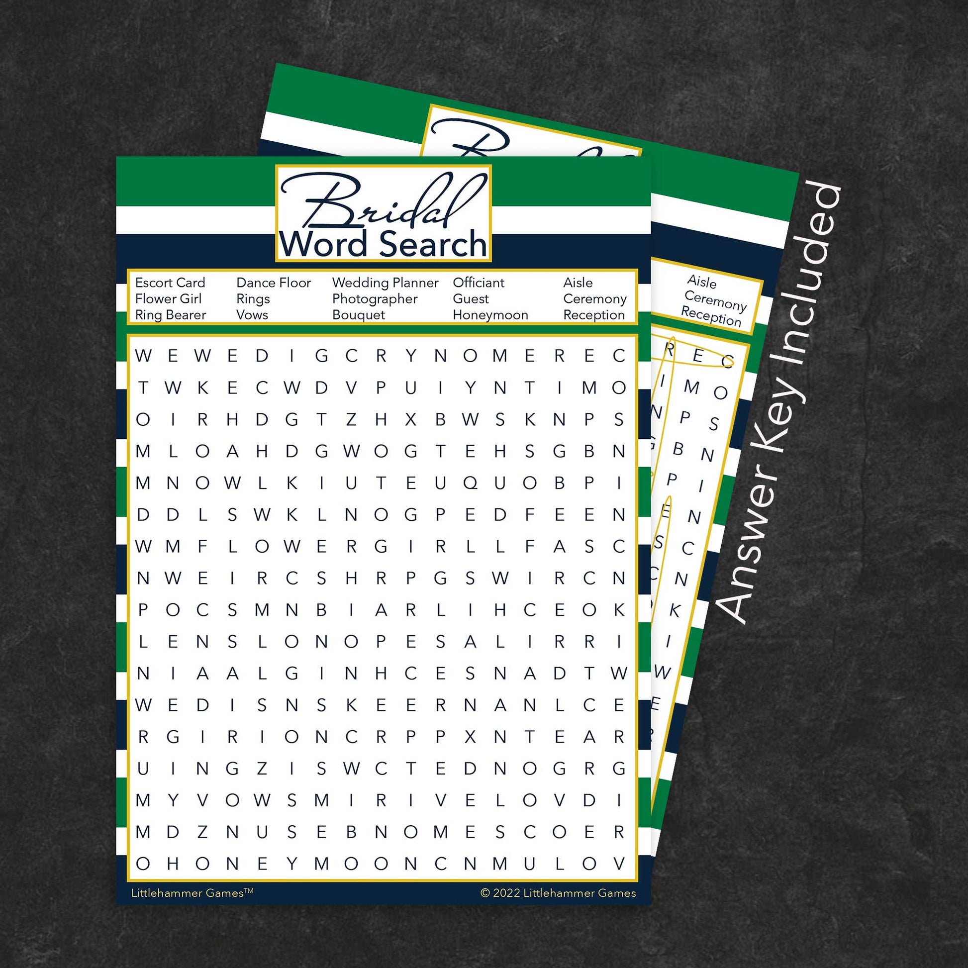 Bridal Word Search game card with a green and navy-striped background with answer card tucked behind it on a slate background with white text that says "Answer Key Included"