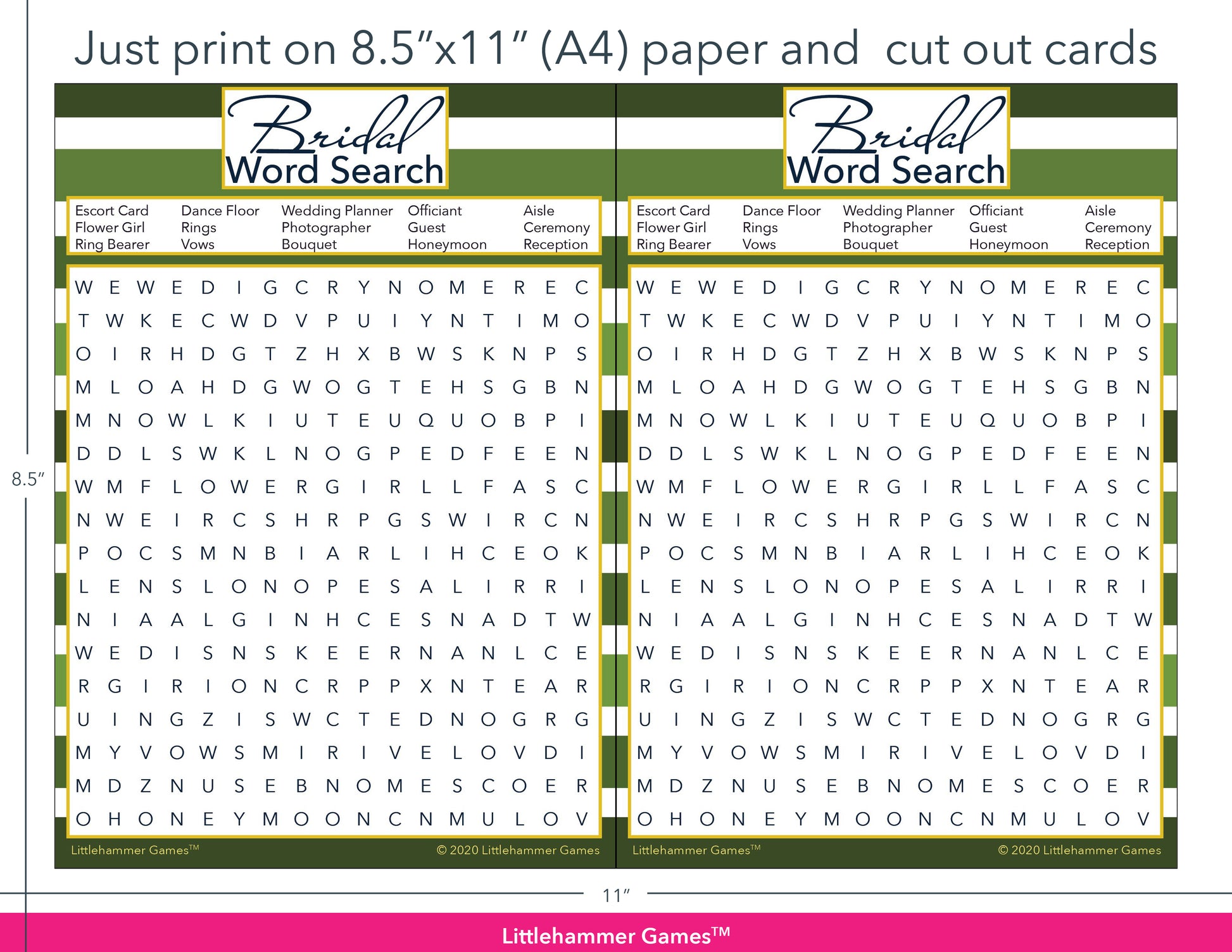 Bridal Word Search green-striped game cards with printing instructions