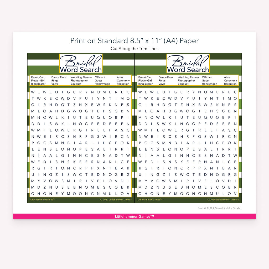 Bridal Word Search green-striped game cards with printing instructions
