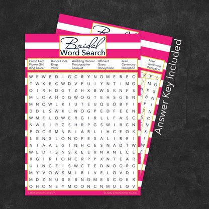 Bridal Word Search game card with a pink-striped background with answer card tucked behind it on a slate background with white text that says "Answer Key Included"