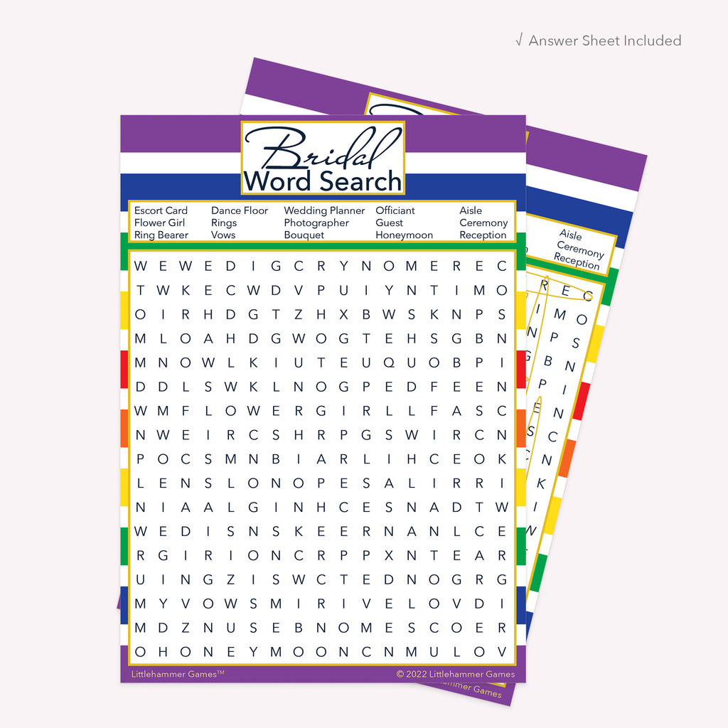 Bridal Word Search game card with a rainbow-striped background with answer card tucked behind it on a slate background with white text that says "Answer Key Included"