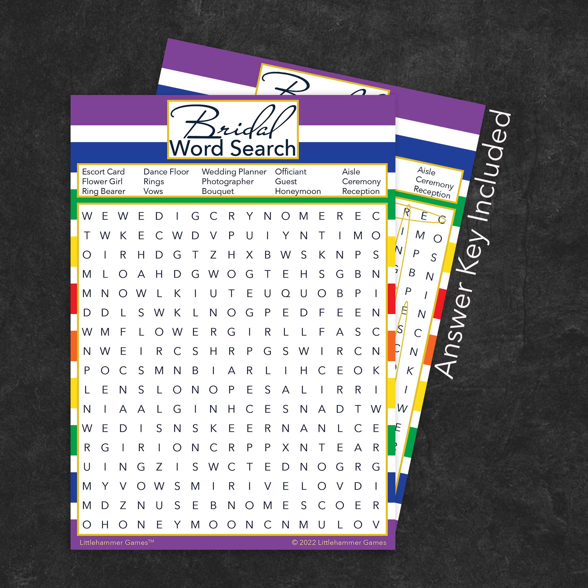Bridal Word Search game card with a rainbow-striped background with answer card tucked behind it on a slate background with white text that says "Answer Key Included"