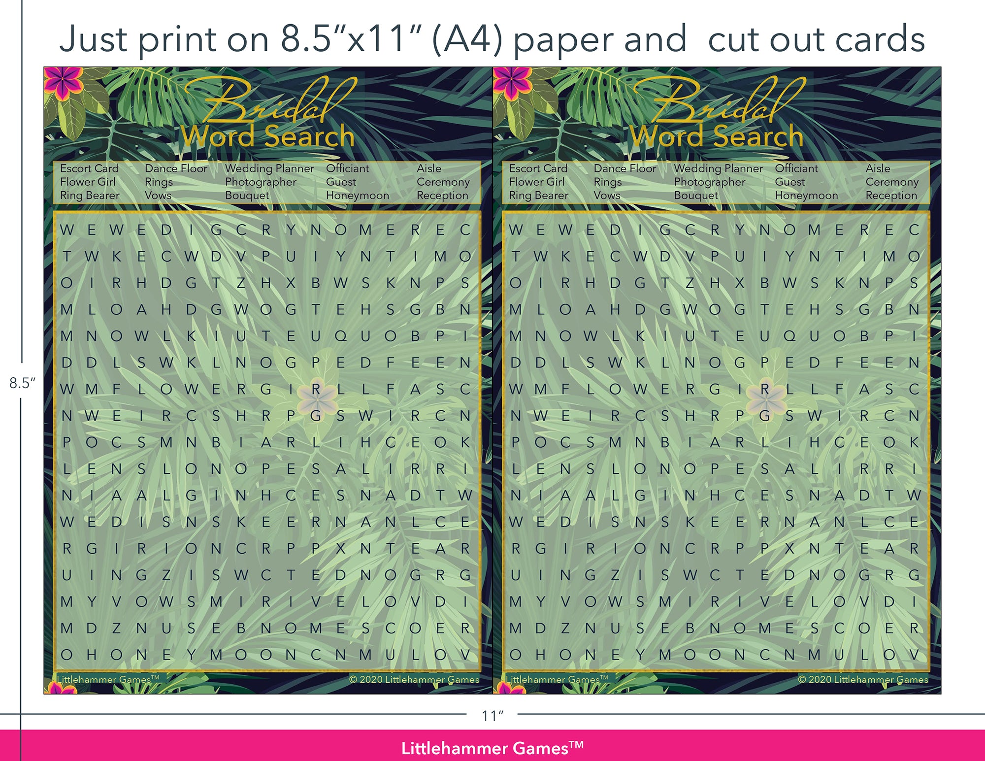 Bridal Word Search tropical game cards with printing instructions