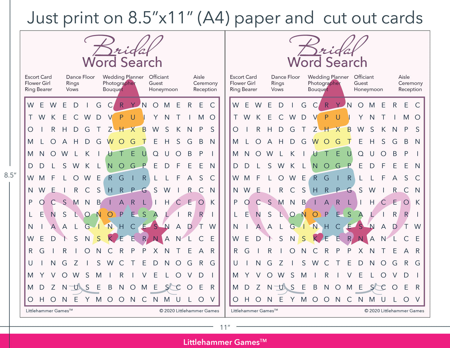 Bridal Word Search unicorn game cards with printing instructions