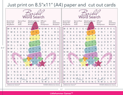 Bridal Word Search unicorn game cards with printing instructions