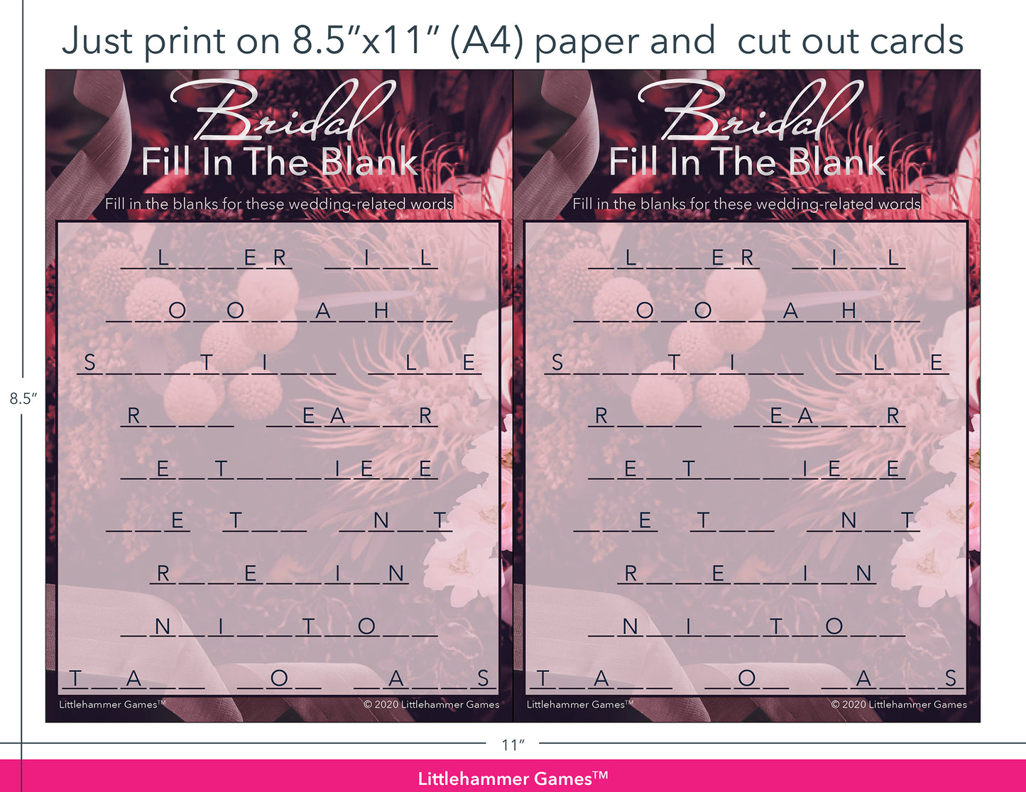 Bridal Fill in the Blank dark floral game cards with printing instructions