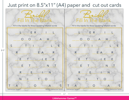 Bridal Fill in the Blank gold and marble game cards with printing instructions