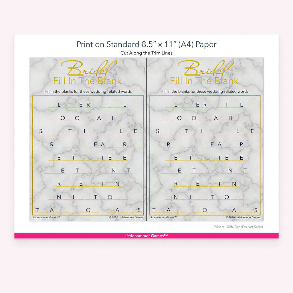 Printable gold and marble Bridal Fill in the Blank game card layout showing US Letter size dimensions and printing information