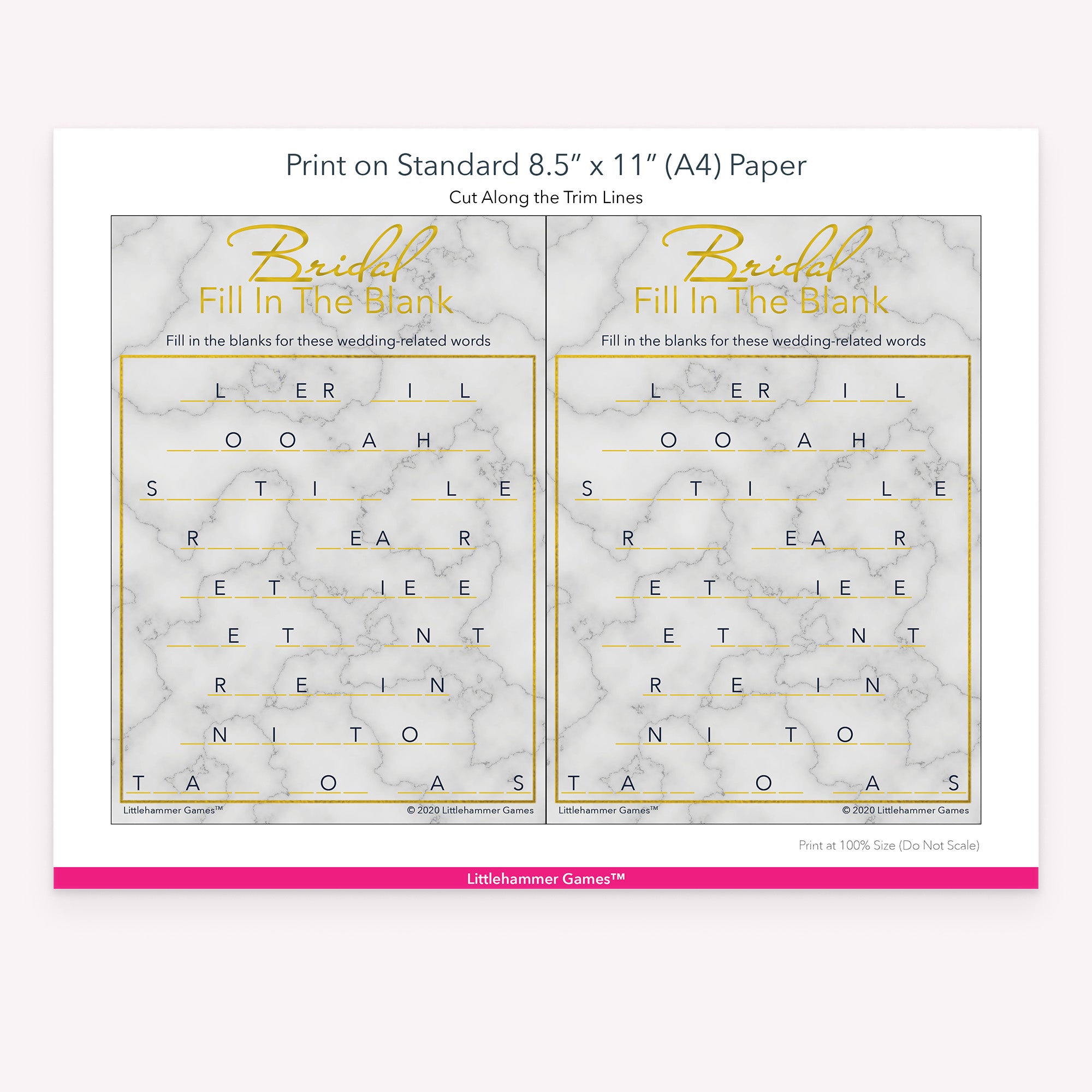 Bridal Fill in the Blank gold and marble game cards with printing instructions
