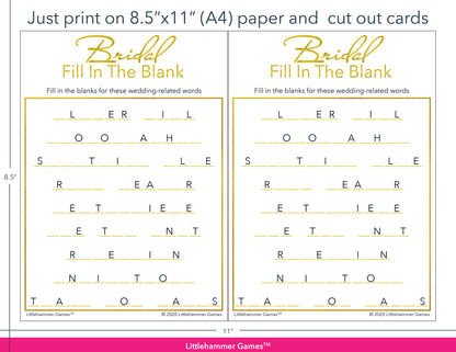 Bridal Fill in the Blank gold and white game cards with printing instructions