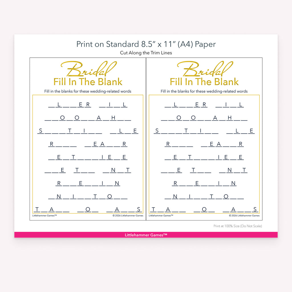 Printable minimalist gold and white Bridal Fill in the Blank game card layout showing US Letter size dimensions and printing information