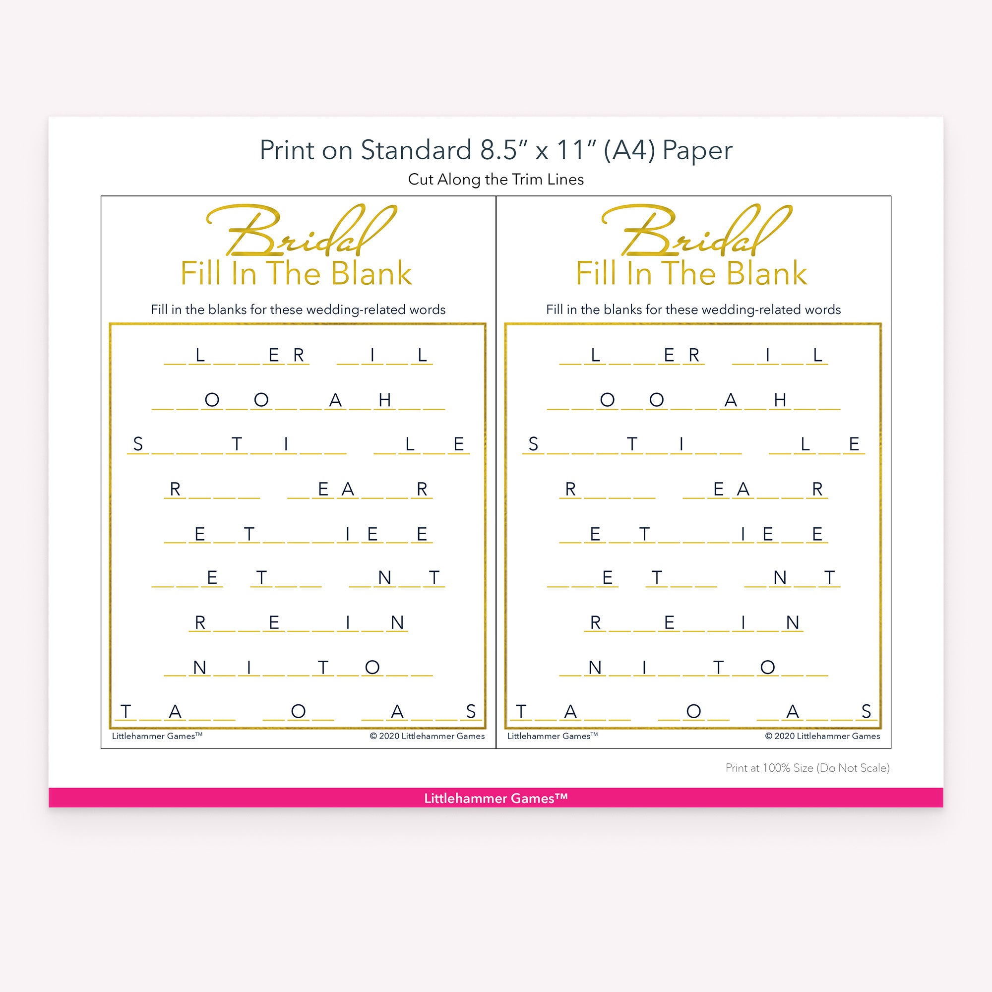Bridal Fill in the Blank gold and white game cards with printing instructions