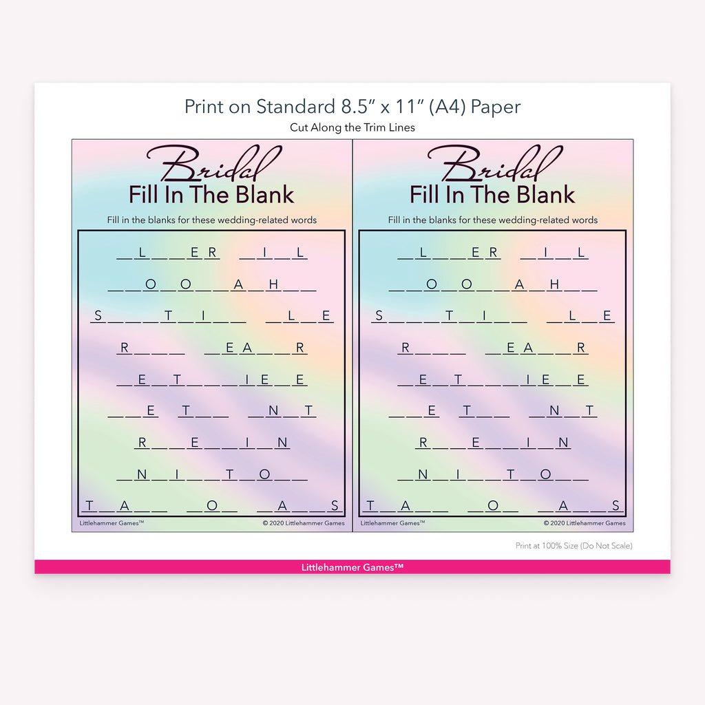 Printable iridescent pastel hologram Bridal Fill in the Blank game card layout showing US Letter size dimensions and printing information