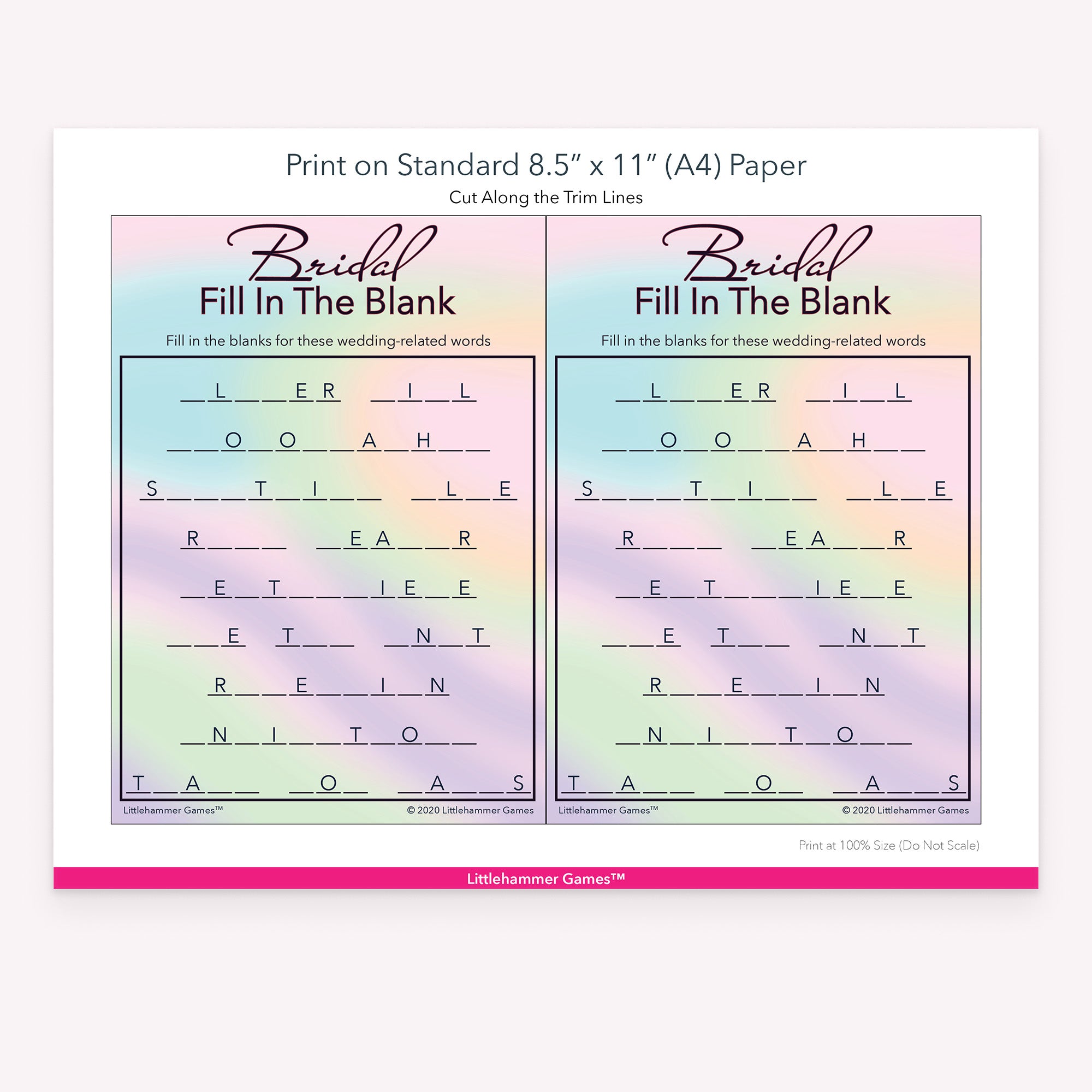 Bridal Fill in the Blank hologram-themed game cards with printing instructions