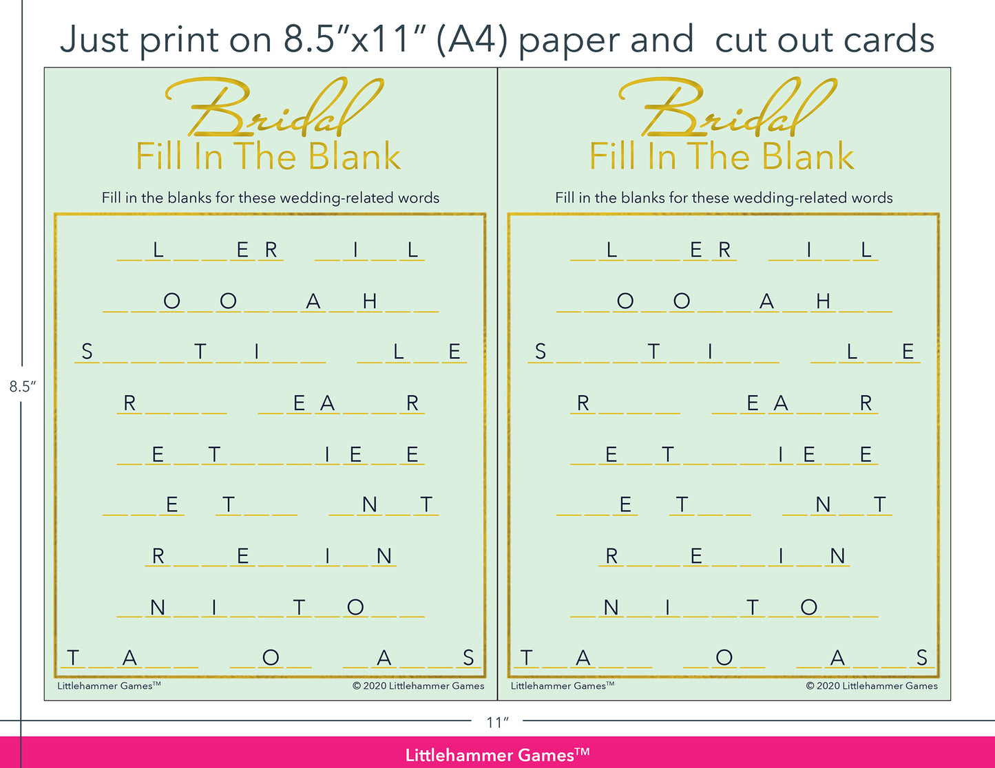 Bridal Fill in the Blank mint and gold game cards with printing instructions