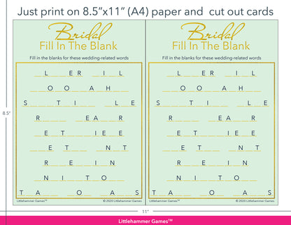 Bridal Fill in the Blank mint and gold game cards with printing instructions