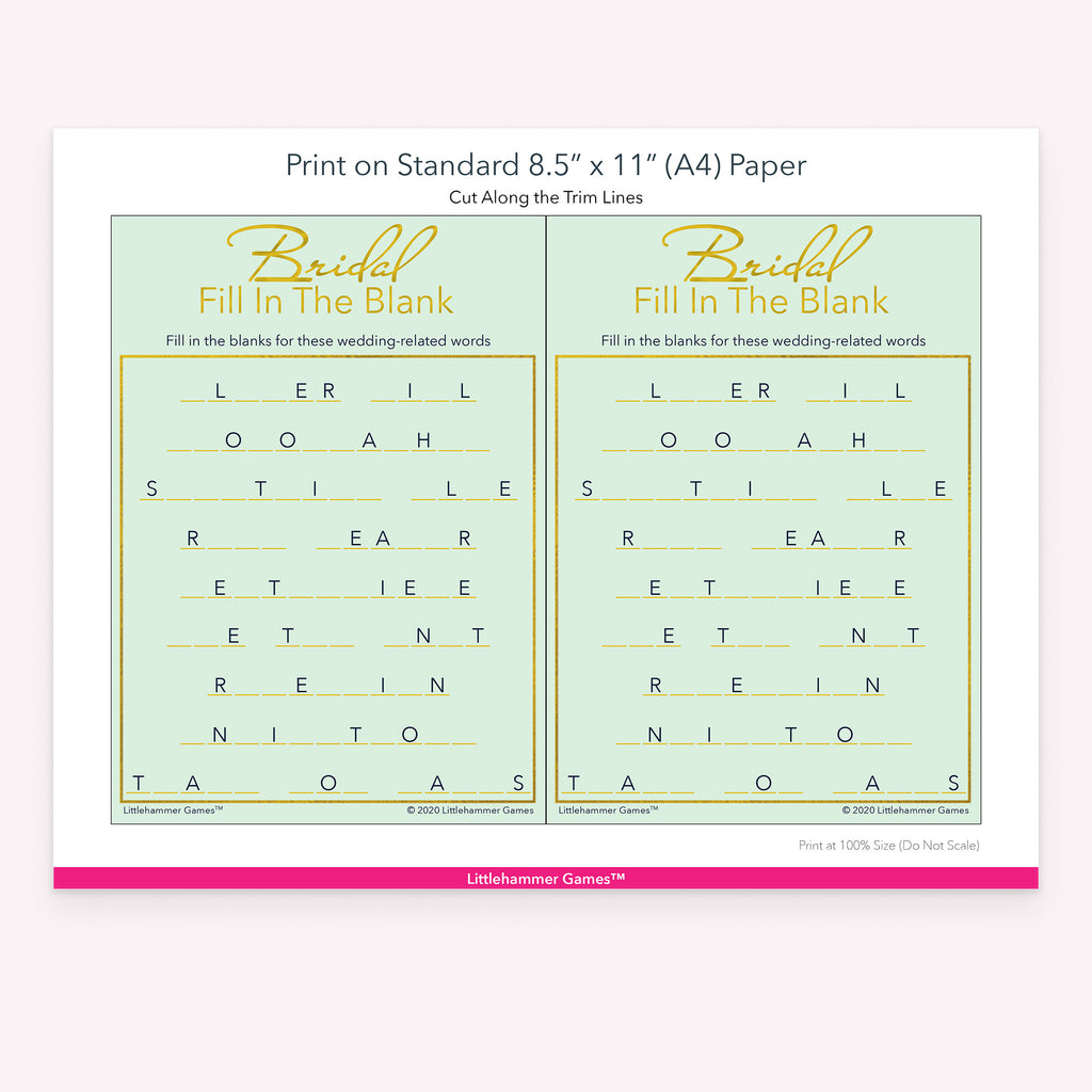 Printable mint green and gold Bridal Fill in the Blank game card layout showing US Letter size dimensions and printing information