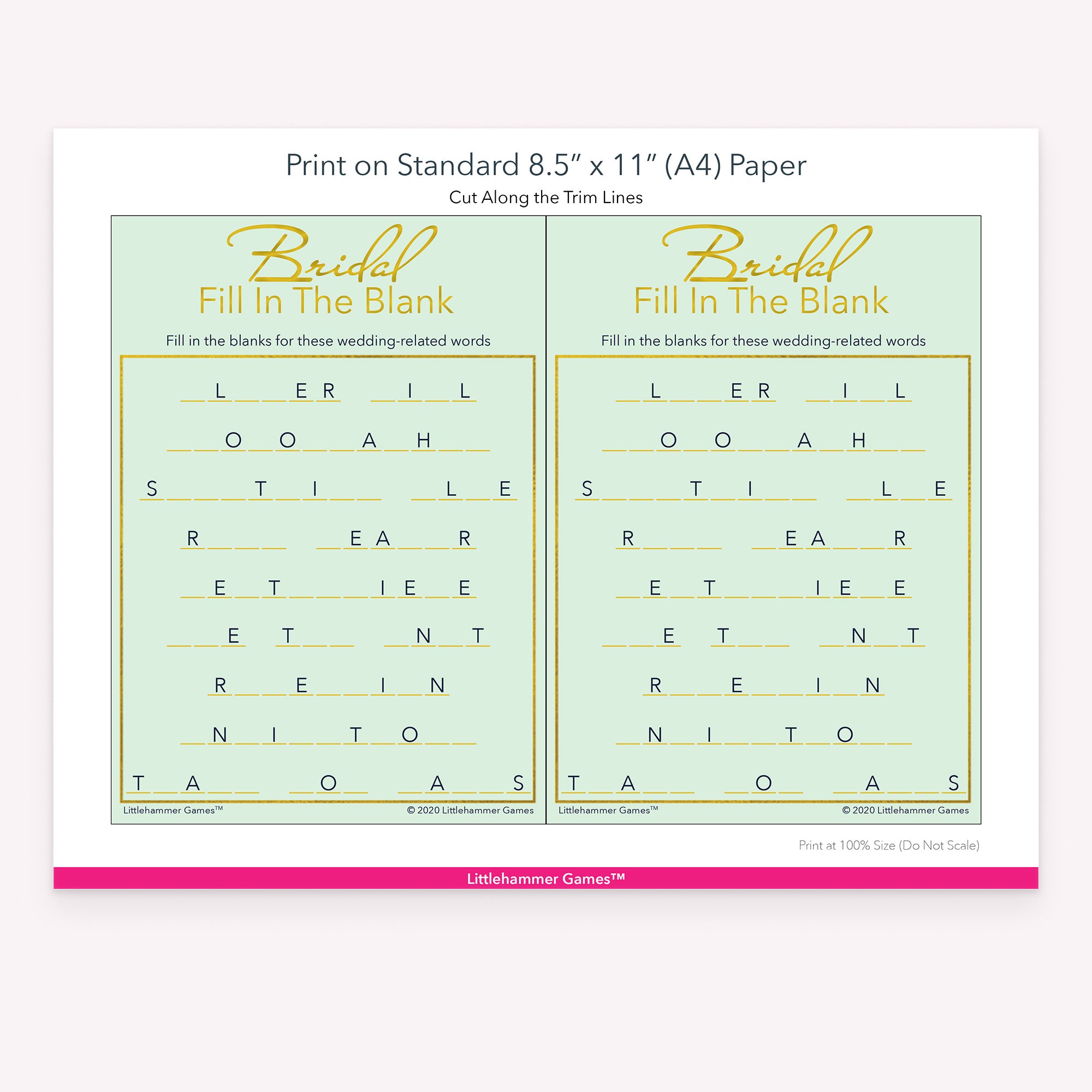 Bridal Fill in the Blank mint and gold game cards with printing instructions