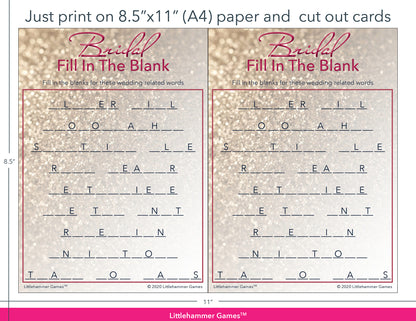 Bridal Fill in the Blank glittery rose gold game cards with printing instructions