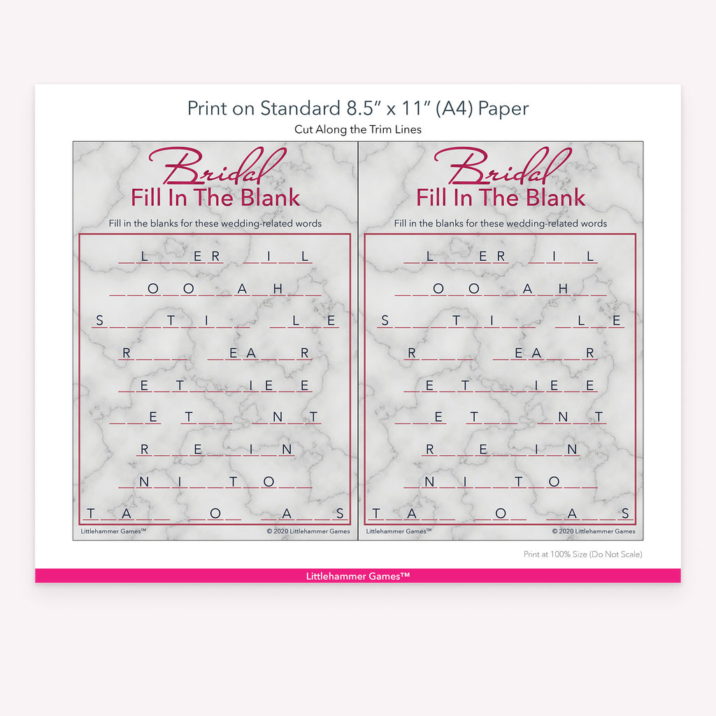 Printable rose gold and marble Bridal Fill in the Blank game card layout showing US Letter size dimensions and printing information