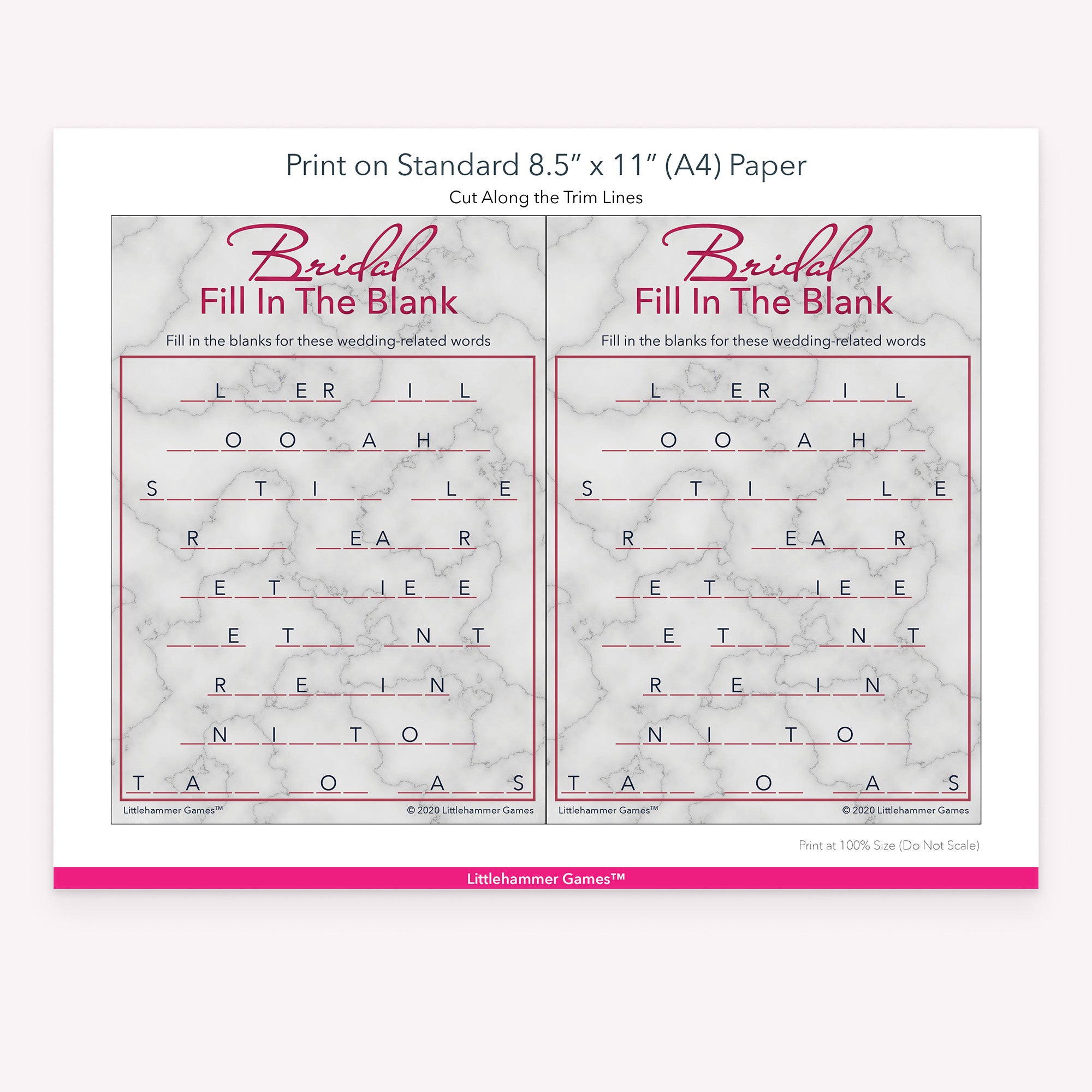 Bridal Fill in the Blank rose gold and marble game cards with printing instructions
