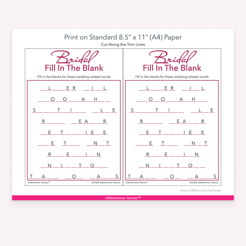 Printable rose gold and white Bridal Fill in the Blank game card layout showing US Letter size dimensions and printing information