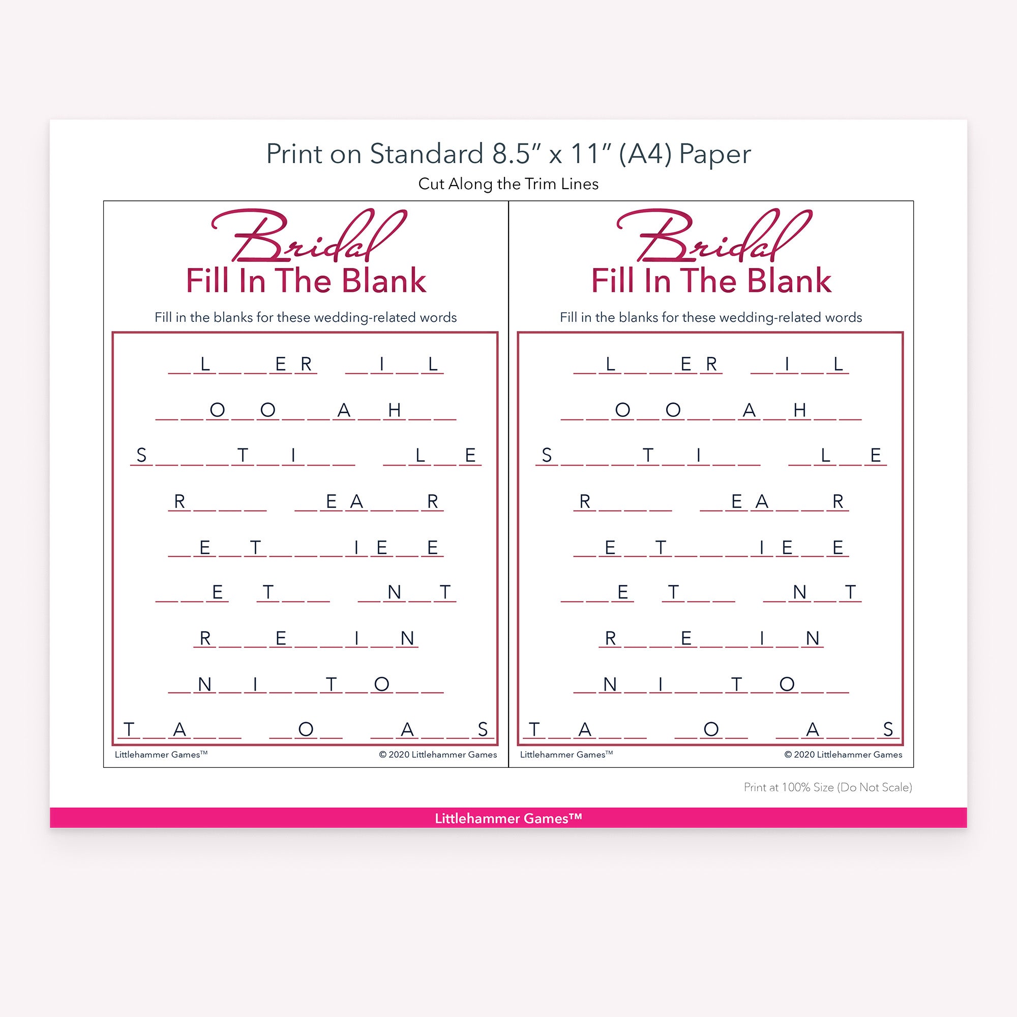 Bridal Fill in the Blank rose gold and white game cards with printing instructions