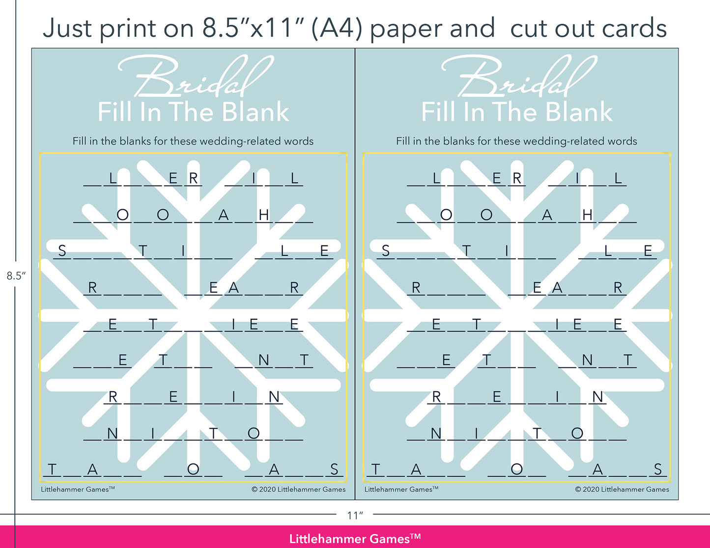 Bridal Fill in the Blank snowflake game cards with printing instructions