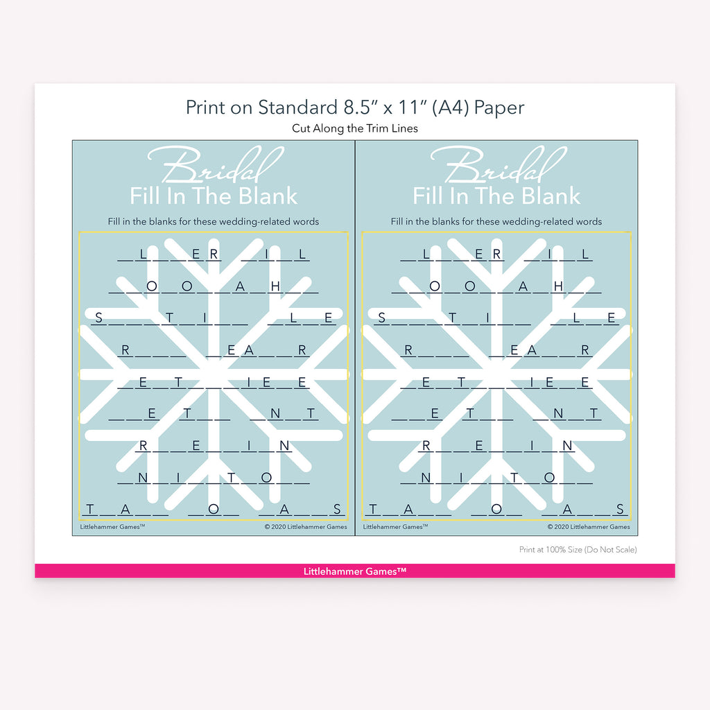 Printable snowflake Bridal Fill in the Blank game card layout showing US Letter size dimensions and printing information