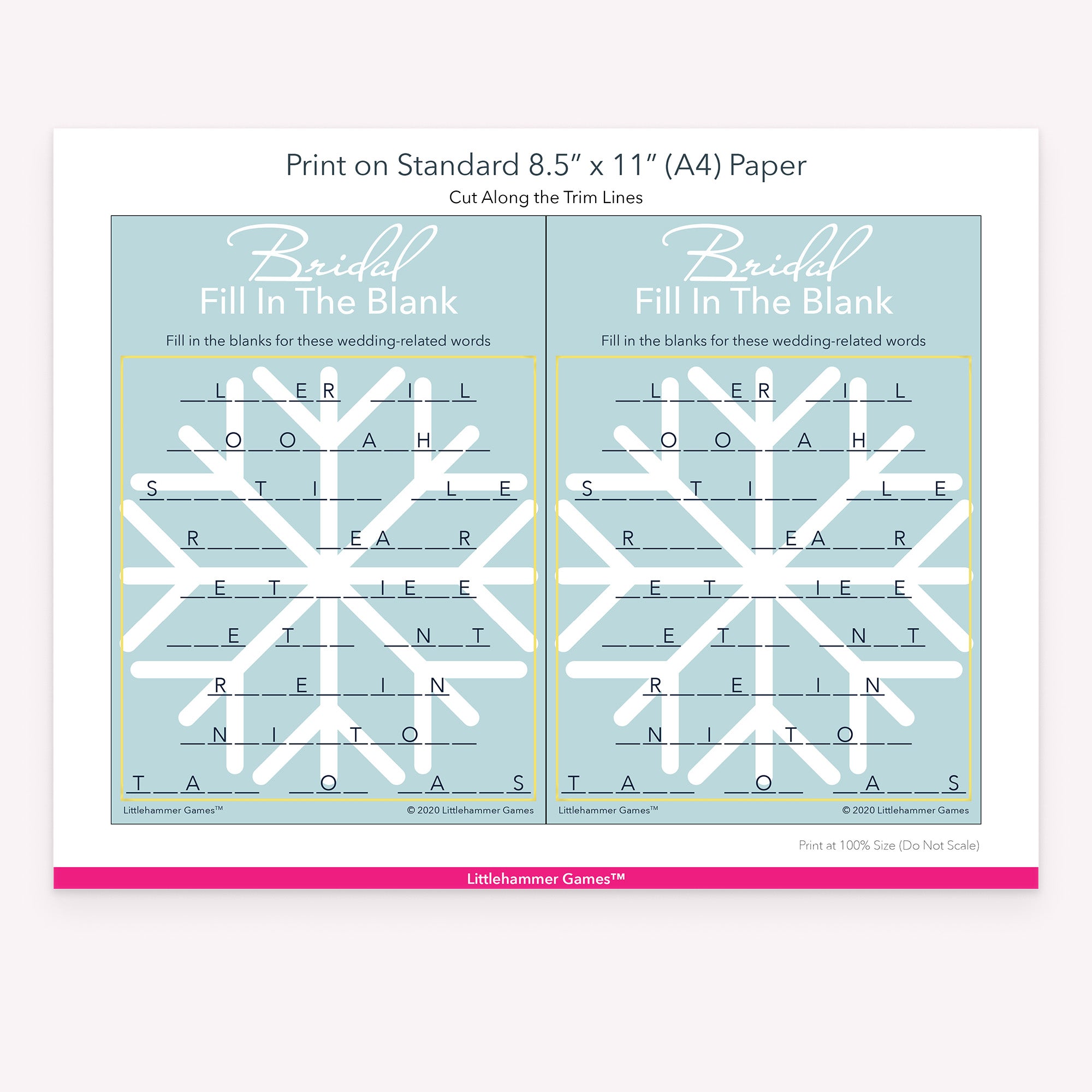 Bridal Fill in the Blank snowflake game cards with printing instructions