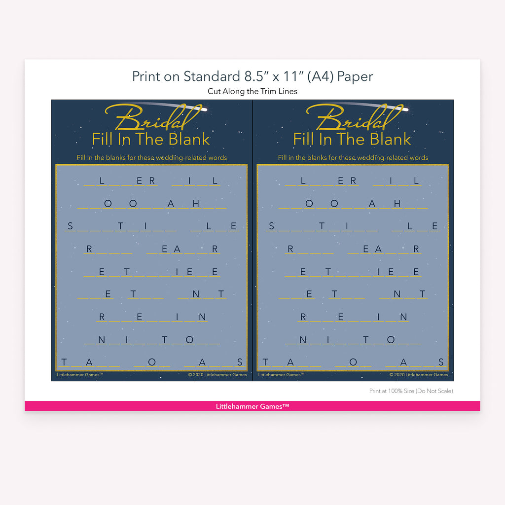 Printable celestial-themed Bridal Fill in the Blank game card layout showing US Letter size dimensions and printing information