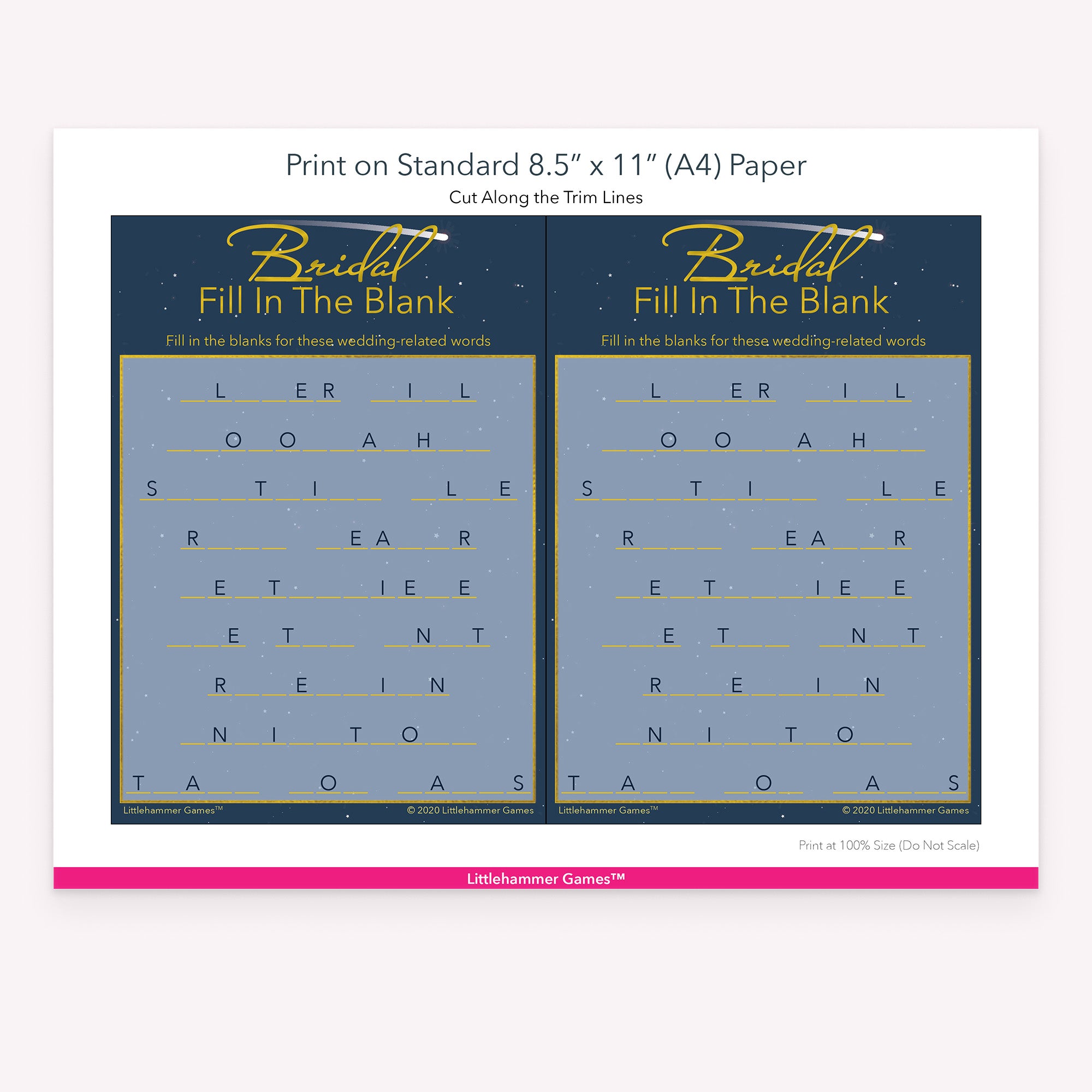 Bridal Fill in the Blank celestial game cards with printing instructions