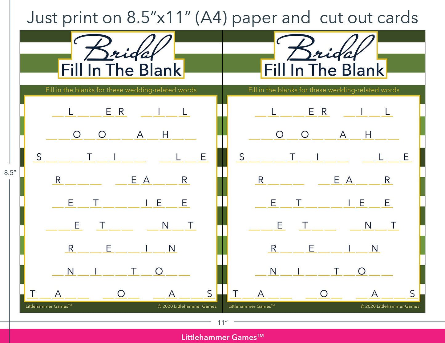 Bridal Fill in the Blank green-striped game cards with printing instructions