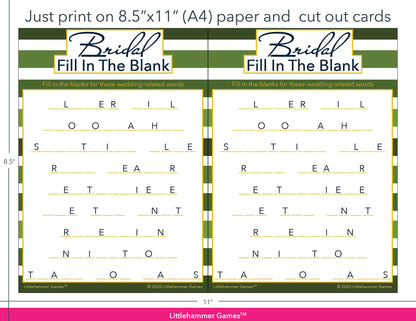 Bridal Fill in the Blank green-striped game cards with printing instructions