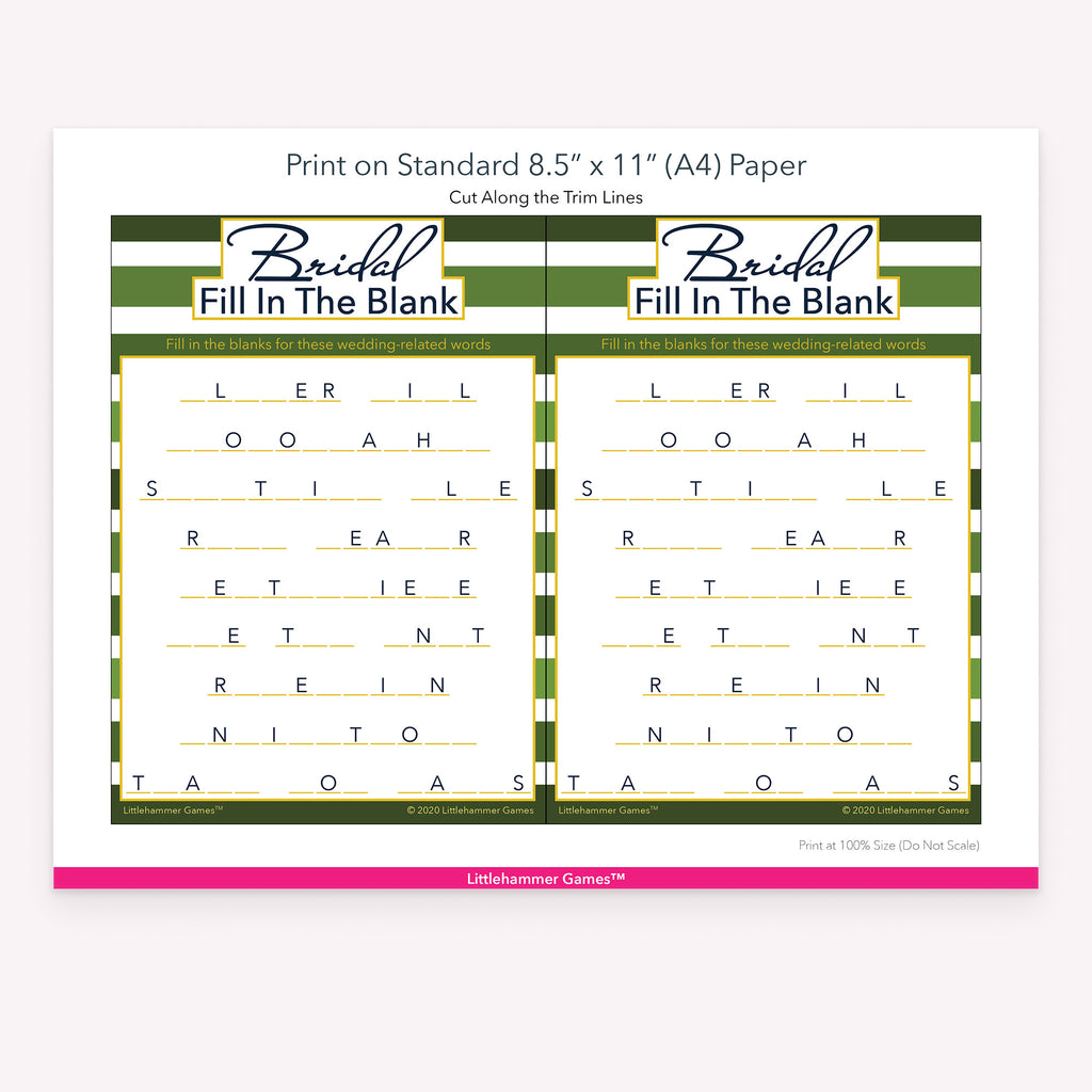 Printable shades of green stripes Bridal Fill in the Blank game card layout showing US Letter size dimensions and printing information
