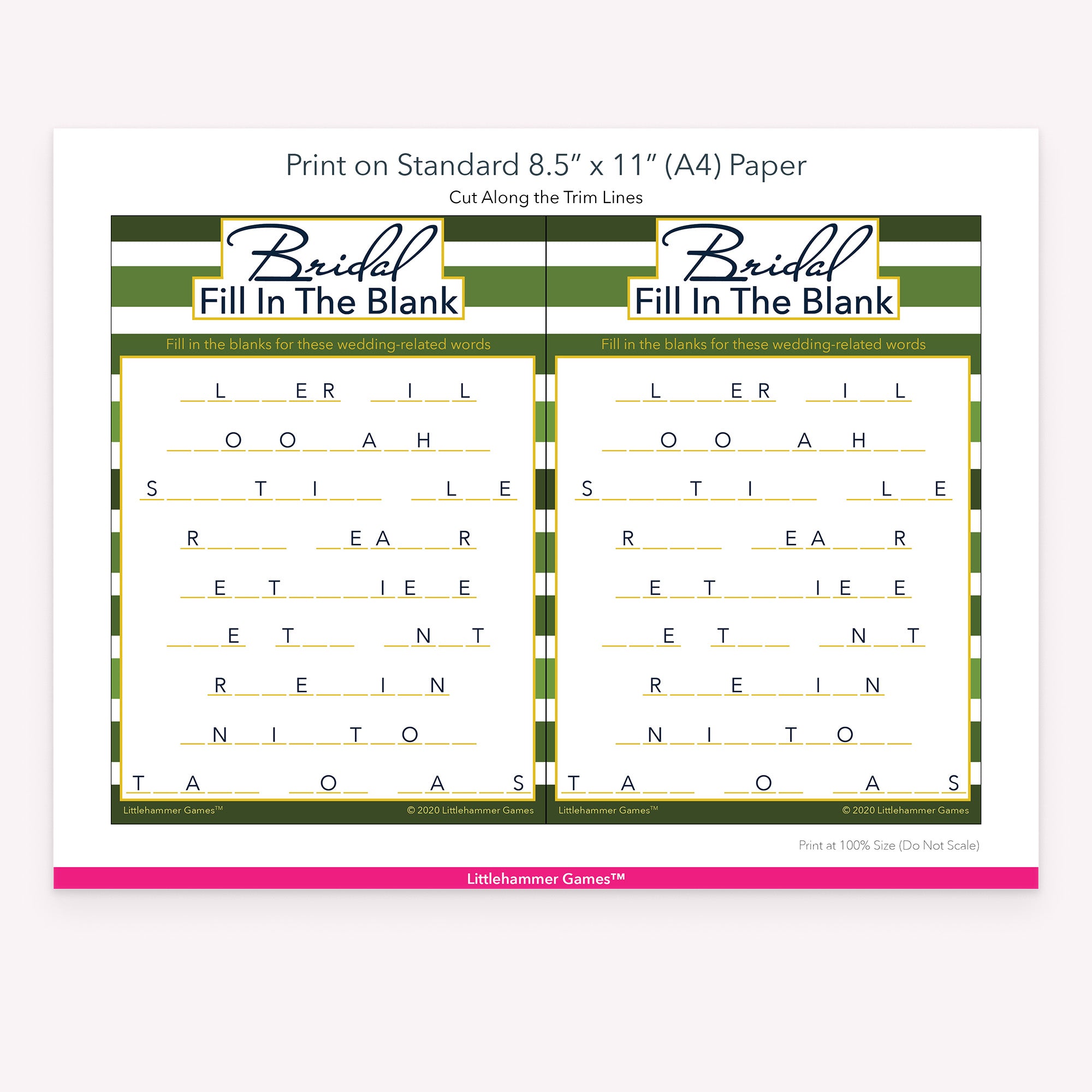 Bridal Fill in the Blank green-striped game cards with printing instructions