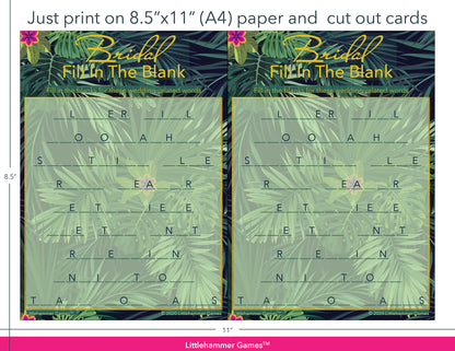Bridal Fill in the Blank tropical game cards with printing instructions