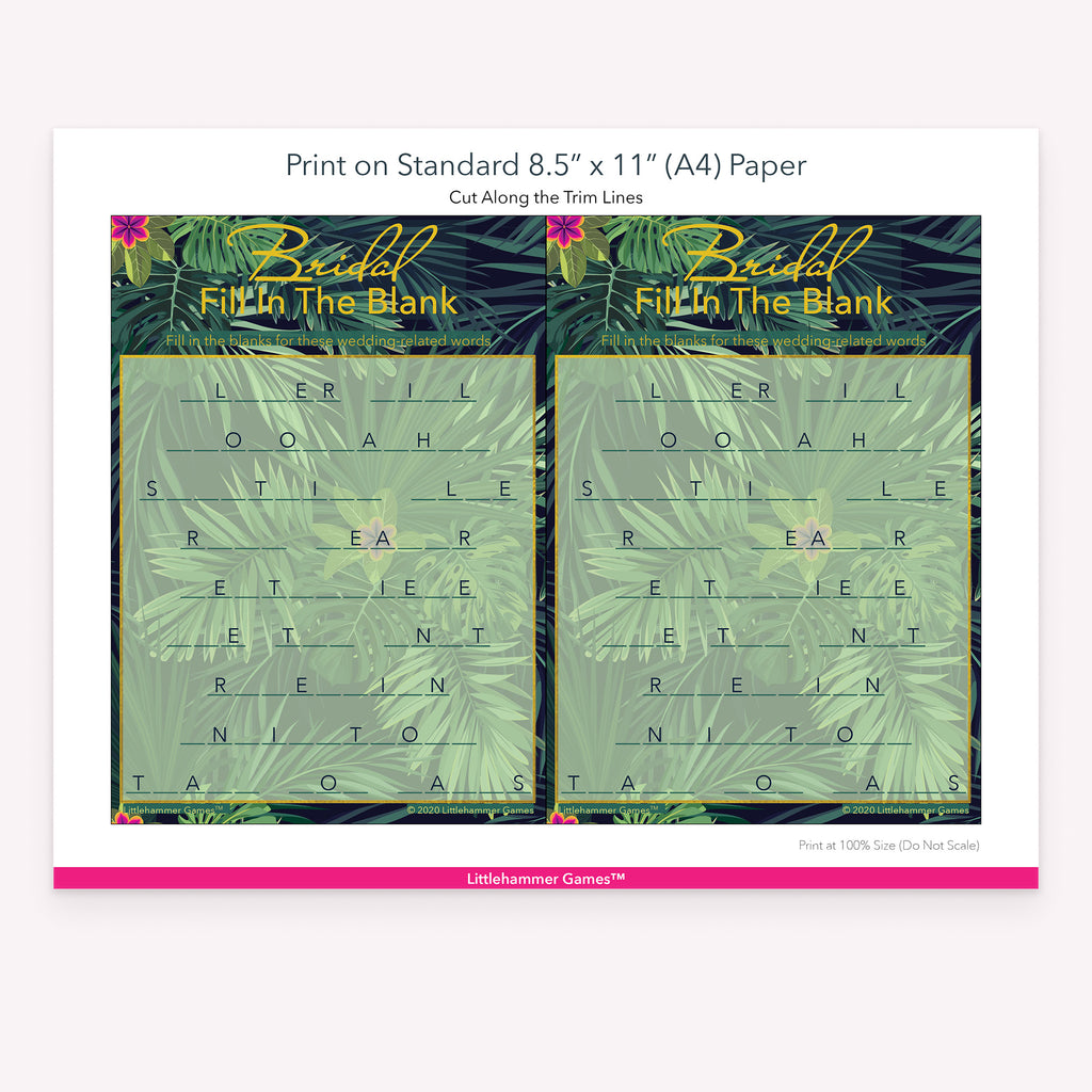 Printable jungle-themed Bridal Fill in the Blank game card layout showing US Letter size dimensions and printing information