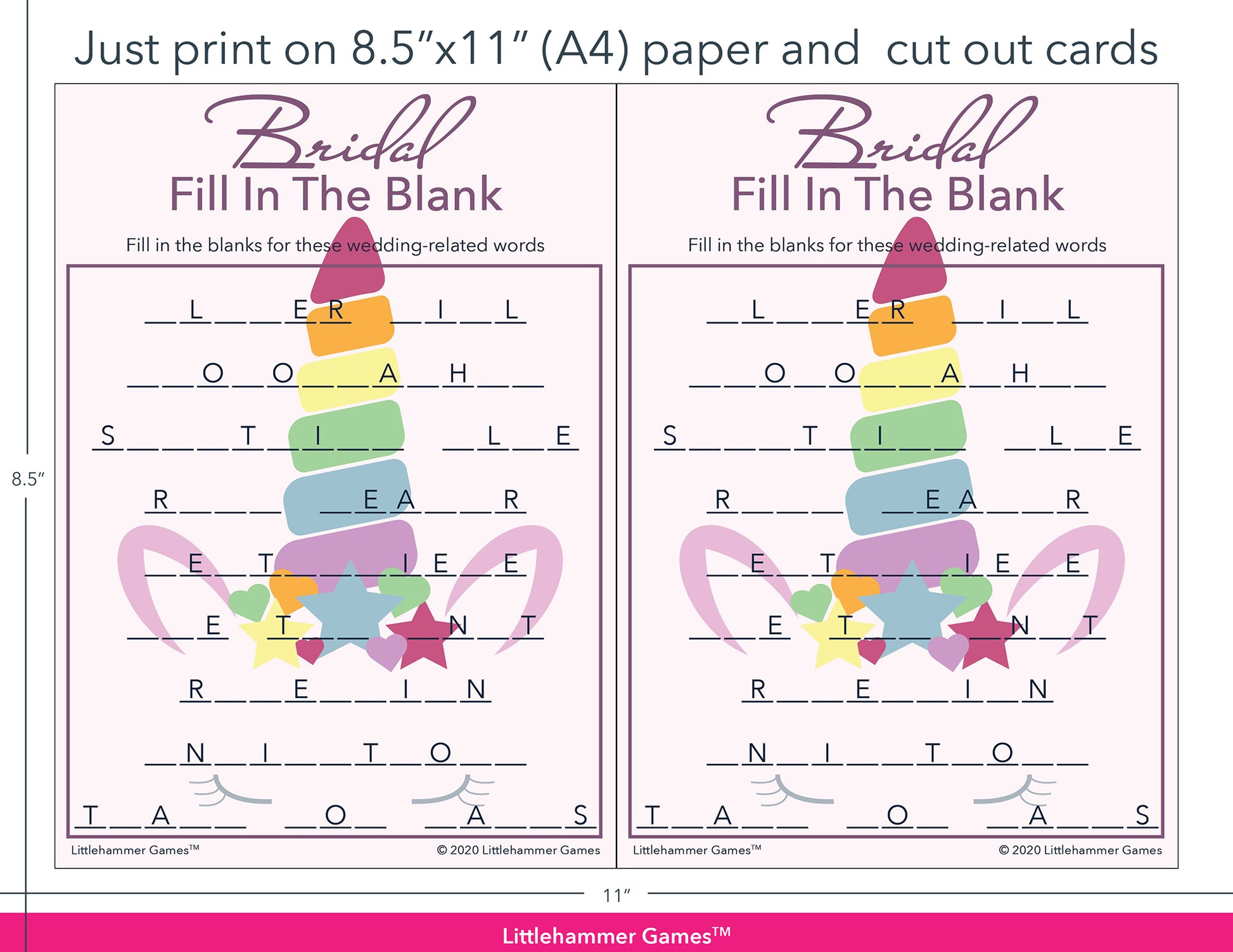 Bridal Fill in the Blank unicorn game cards with printing instructions