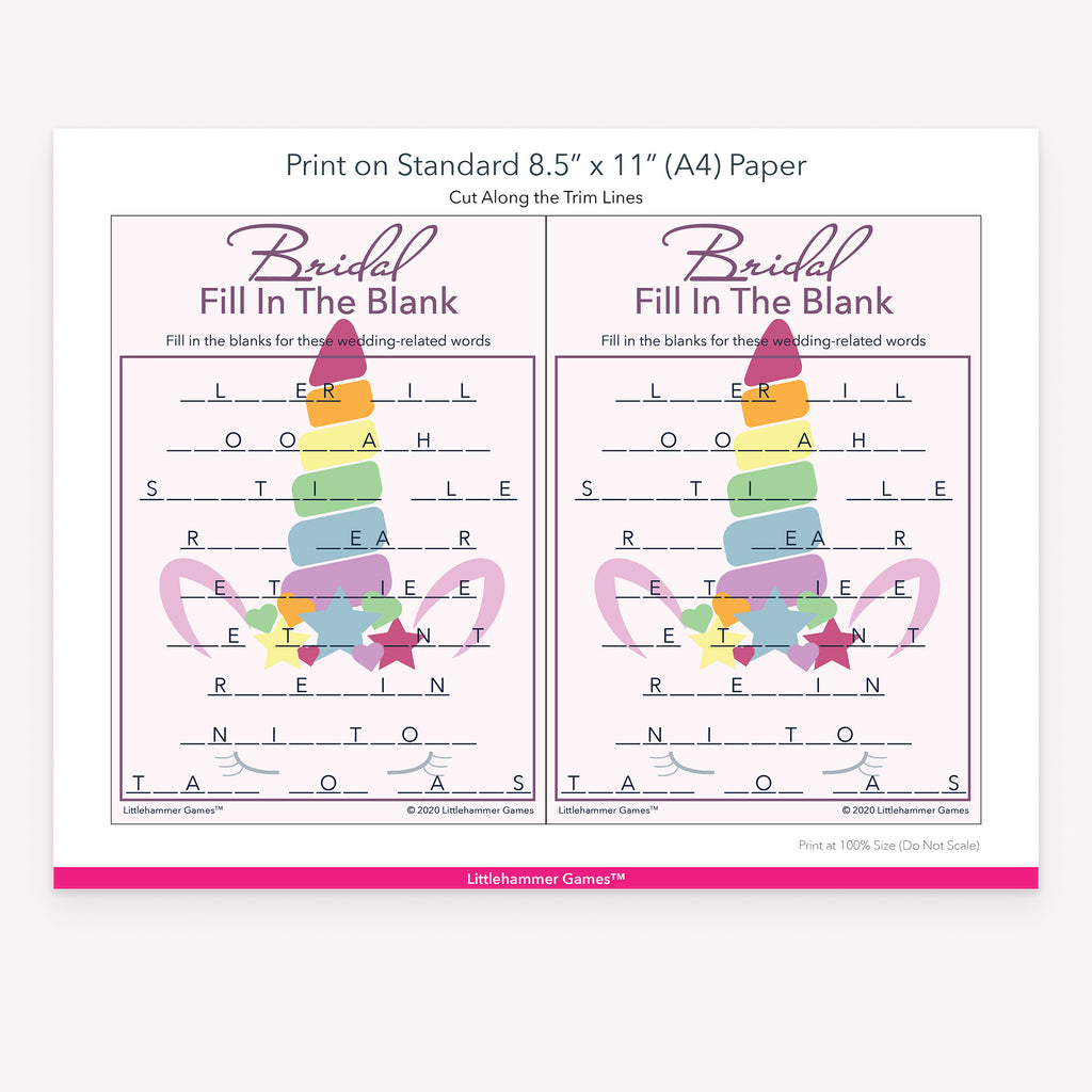 Printable unicorn-themed Bridal Fill in the Blank game card layout showing US Letter size dimensions and printing information