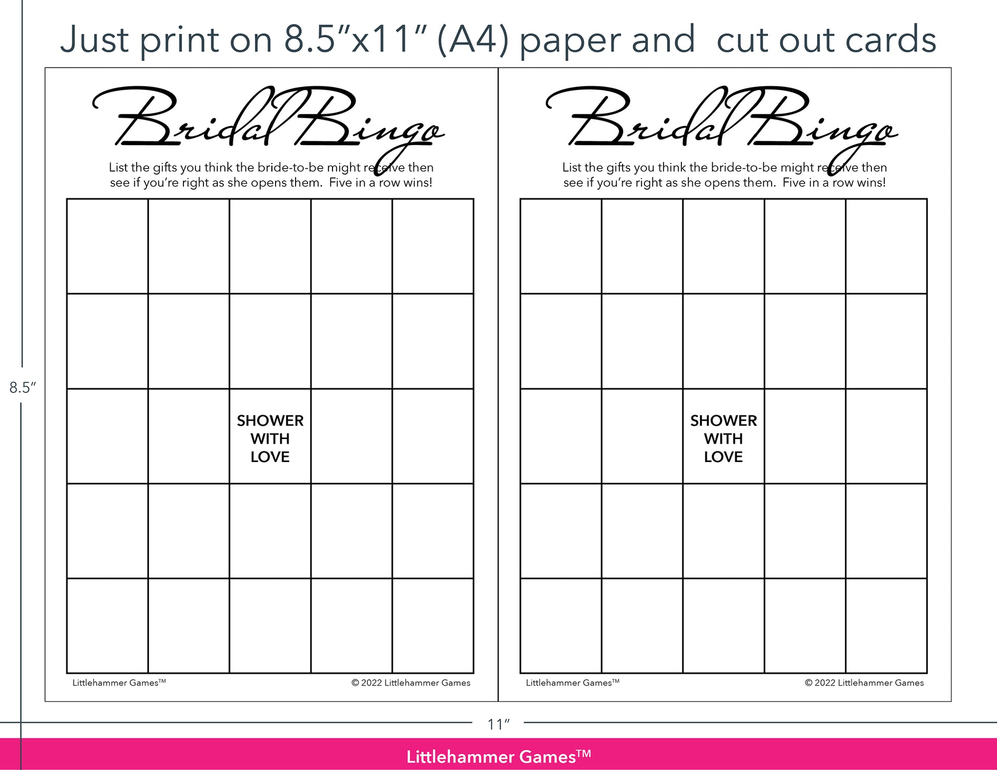Minimalist black and white Bridal Gift Bingo game cards with printing instructions