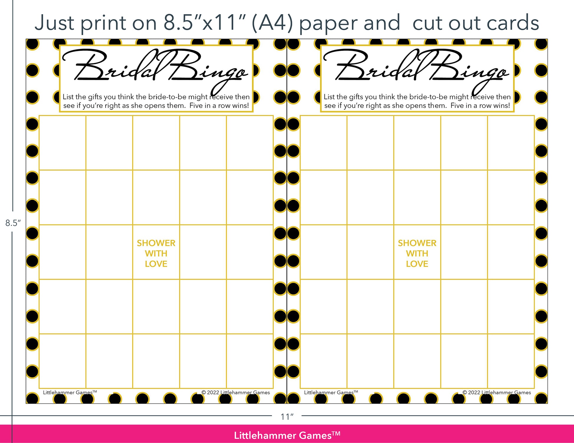 Black and gold polka dot Bridal Gift Bingo game cards with printing instructions