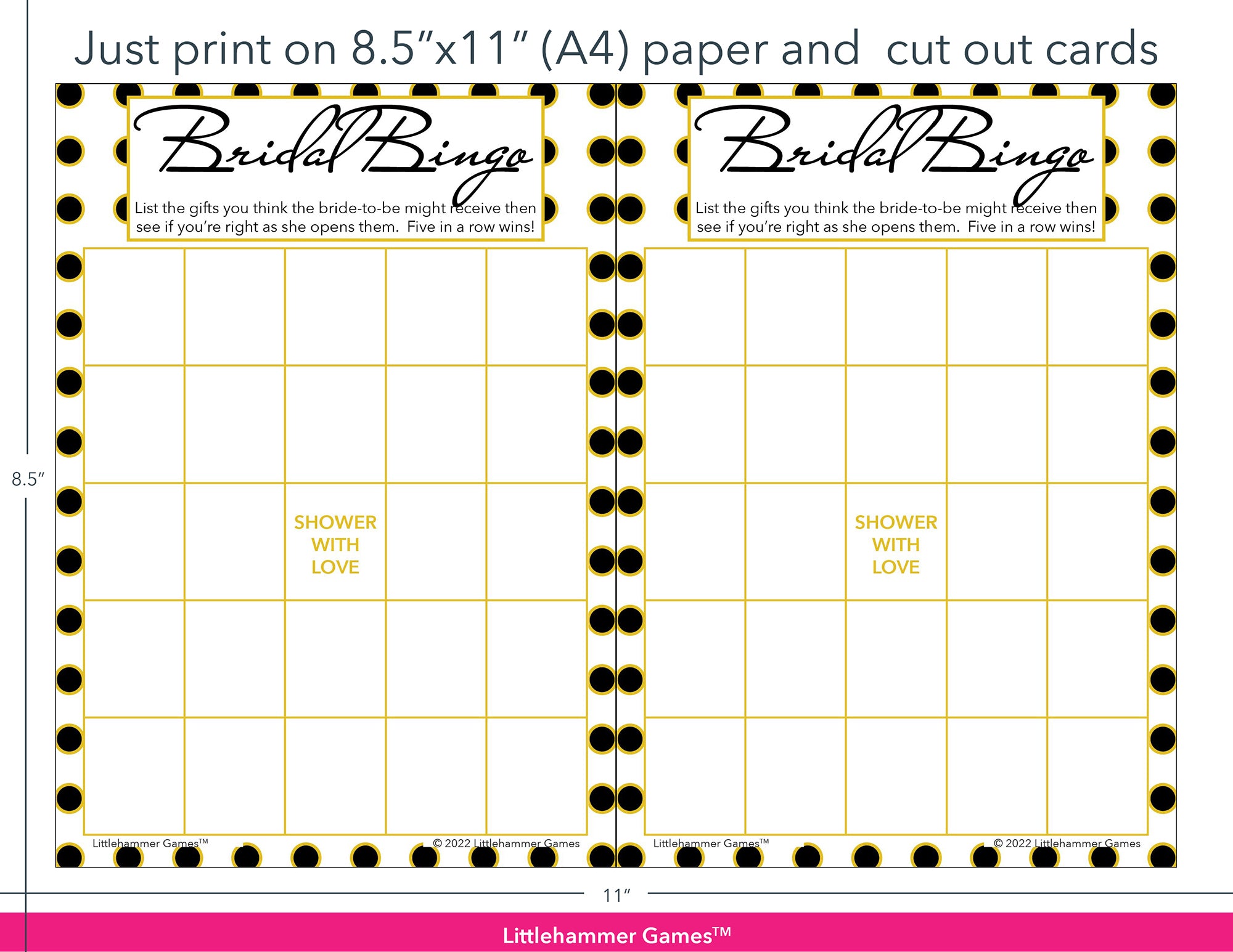 Black and gold polka dot Bridal Gift Bingo game cards with printing instructions