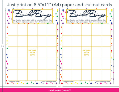 Rainbow polka dot Bridal Gift Bingo game cards with printing instructions